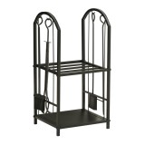 Outsunny Suport pentru Lemne cu 2 Rafturi, Lopată, Mătură și Clește, 41,5x32,5x74,5 cm, Negru | Aosom Romania