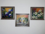3 tablouri pictate acrilic, crini, margarete, irisi - semnate Barb 2008 inramate, Flori, Realism