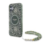 Husa iPhone 16 Plus originala Guess IML Flowers Allover Electro With Pearl Strap MagSafe, verde, GUHMP16MHCPOFPA