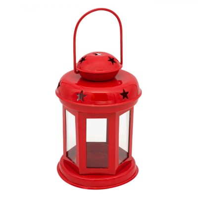 Felinar Decorativ, Rosu, Metal si Sticla, Stele Perforate, Diametru 10cm, Inaltime 15.5cm foto