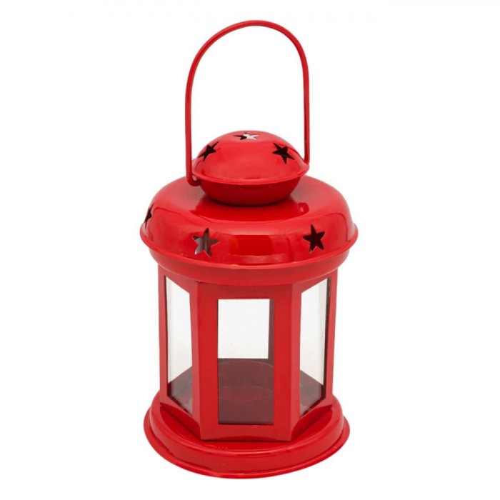 Felinar Decorativ, Rosu, Metal si Sticla, Stele Perforate, Diametru 10cm, Inaltime 15.5cm
