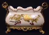 Jardiniera veche din ceramica glazurata cu montura bronz dore - decor vegetal cu fructe de padure - Franta cca.1900