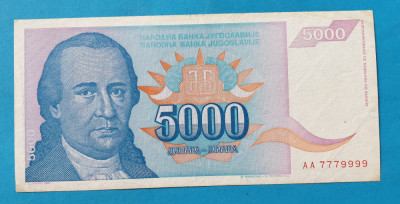 5.000 Dinara anul 1994 Bancnota Iugoslavia - Jugoslavije seria AA7777999 foto