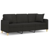 Canapea cu 3 locuri cu pernute, negru, 180 cm, textil