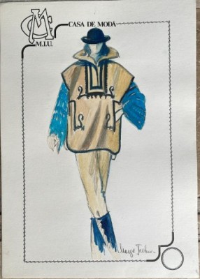 Colaj și tehnica mixtă pe carton, design Maya ȚUȚUI, Casa de Modă M.I.U., 30 x 21 cm, modă rom&amp;acirc;nească, schiță 3 vestimentară foto
