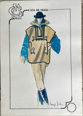 Colaj și tehnica mixtă pe carton, design Maya ȚUȚUI, Casa de Modă M.I.U., 30 x 21 cm, modă rom&acirc;nească, schiță 3 vestimentară
