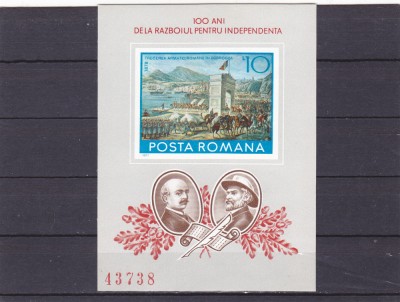 100 DE ANI DE LA RAZBOIUL PENTRU INDEPENDENTA -1977 bloc nedantelat ROMANIA,MNH. foto
