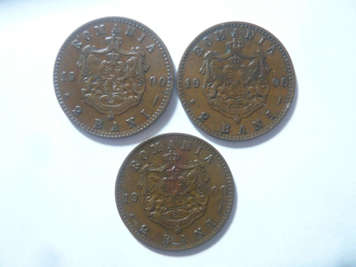 3 Monede 2 Bani 1900 Carol I , bronz , cal. f Buna