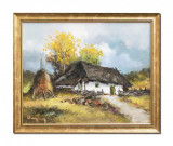 Cumpara ieftin Tablou cu casa taraneasca pictat manual inramat, Amintiri din copilarie, 55x45cm ulei pe panza, rama din lemn, Geo Ungureanu