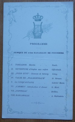 Programul Fanfarei Militare a Batalionului de Pionieri Bucuresti , 1896 foto