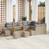 Set de sofa de gradina Gossi cu 13 piese si perne bej poliratan acacia, set de masa de gradina Gossi cu 4 piese si perne bej poliratan acacia, sofa de