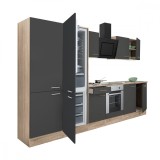 Mobilier de bucătărie Yorki 330, cu corp din stejar Sonoma, fațade antracit cu finisaj satinat, cu element inferior pentru cuptor, dulap cu rafturi și