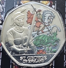 50 pence 2024 Jersey, Saint George - Patron Saints, tiraj 995 exemplare, Brilliant uncirculated, Coincard, km#500.1, versiunea color