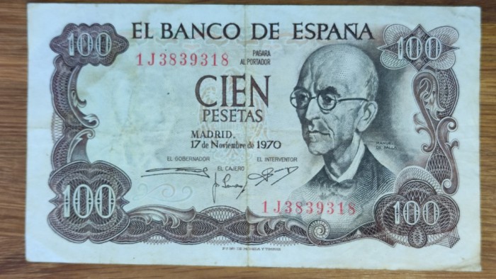 Spania - bancnota de colectie era Franco - 100 pesetas 1970 - Manuel de Falla - stare buna!
