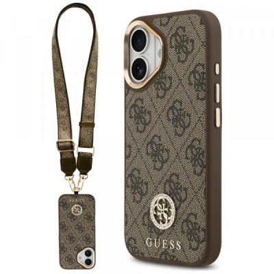 Husa MagSafe pentru Apple iPhone 17, Guess, 4G Strass Logo with Big Strap, Maro foto