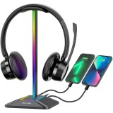 Suport casti gaming, Disco-stand, Antiderapant, iluminare RGB, USB, Negru