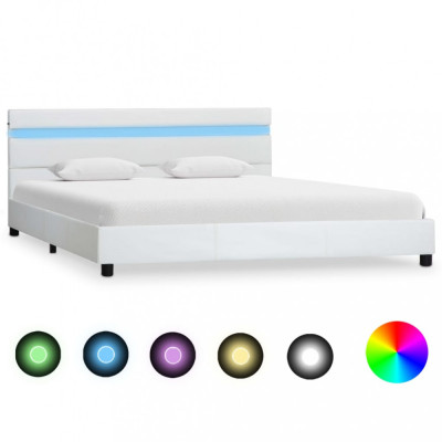 vidaXL Cadru de pat cu LED, alb, 160 x 200 cm, piele ecologică foto