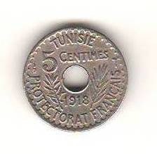 SV * Tunisia 5 CENTIMES 1918 * PROTECTORATUL FRANCEZ * WWI +/- XF foto