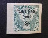 Sudetenland / Ocupația Germană &icirc;n Sudeți 1938 "Supratipar Wir sind frei! + Zvastică" pe Marca Alphonse Mucha (2 h Verde, Nedantețată) - TG1