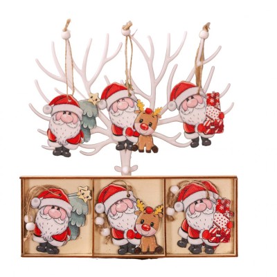 Set 9 decoratiuni de craciun din lemn, flippy, cu snur pentru agatare in brad, 3 modele, model mos craciun cu brad, ren si cadouri, diferite dimensiun foto