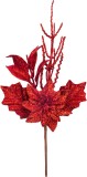 Crenguta decorativa de Craciun rosie cu floare si frunze, 24 cm
