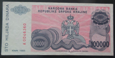 Bancnota 100000 Dinari - BOSNIA (SRPSKE), anul 1993 * cod 842 B = A.UNC foto