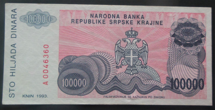 Bancnota 100000 Dinari - BOSNIA (SRPSKE), anul 1993 * cod 842 B = A.UNC