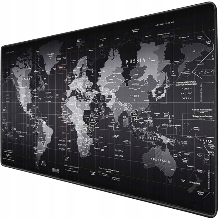 Protectie de birou tip mousepad, model harta lumii, 80x30 cm, baza cauciucata, negru/gri