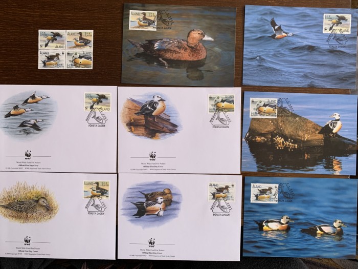 aaland - pasari - serie 4 timbre MNH, 4 FDC, 4 maxime, fauna wwf