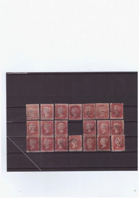 ANGLIA 1858-VICTORIA one penny -4 litere -Lot de 20 timbre dantelate stampilate foto