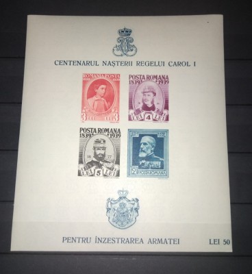 TIMBRE ROMANIA LP 133 1939 CENTENARUL NASTERII REGELUI CAROL I COLITA MNH NEDANTELATA foto