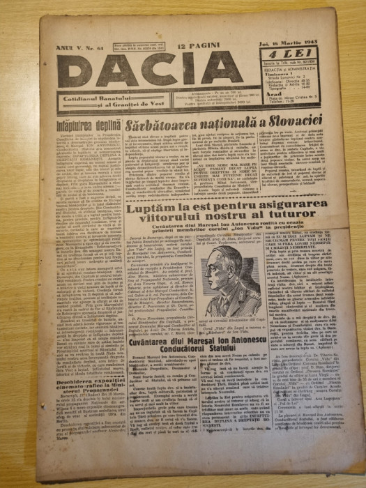 Dacia 18 martie 1943-cuvantare maresalul antonescu,interviu liviu rebreanu,deva