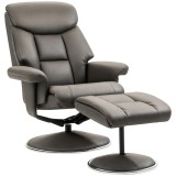 HOMCOM Fotoliu de Relaxare cu Taburet, Spătar Reglabil, Piele ecologică, p&acirc;nă la 150 kg, Gri | Aosom Romania