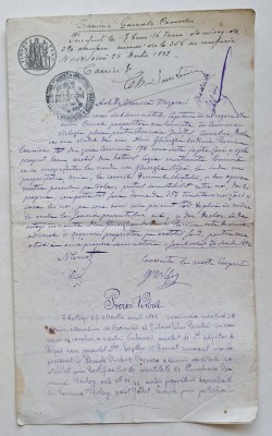 Act notarial și proces-verbal Tribunal Covurlui &amp;ndash; Rom&amp;acirc;nia 1892 &amp;ndash; document juridic autentic cu ștampile foto