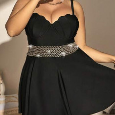 Rochie mini cu bretele, detalii matealice in talie si decolteu, negru, dama, Shein