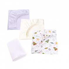 Set 3 cearsafuri alb crem si model rachete + protectie impermeabila patut 90x40 50 cm foto