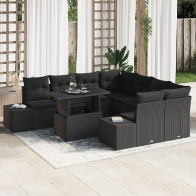 Gossi set de canapea de gradina 9 piese cu perne, ratan poly negru foto