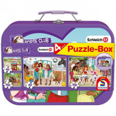 Puzzle-Box Schmidt: Schleich - Horse Club, set de 2 puzzle-uri x 100 piese și 2 puzzle-uri x 60 piese + bonus: cufăr metalic