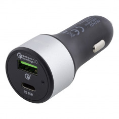 Incarcator auto ultra fast charge DELTACO 63W, USB-C PD, Qualcomm QuickCharge 3.0, 63W DC, negru foto