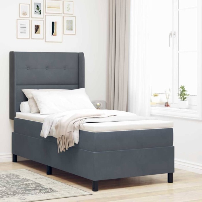 Pat cu boxă spring LED și saltea Manual Gri &icirc;nchis 100 x 200 cm