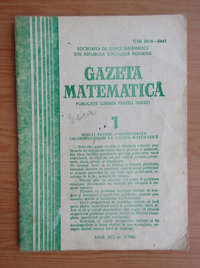 Revista Gazeta Matematica. Anul XCI, nr. 1 / 1986