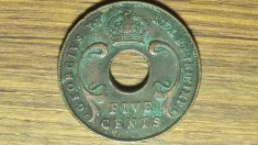 R10 Africa de Est - moneda istorica - 5 cents bronz 1941 - George VI - varianta grea, foarte frumoasa !