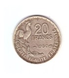 Moneda Franta 20 franci/francs 1950 GEORGES GUIRAUD, cu 3 pene, stare buna, Europa, Bronz-Aluminiu