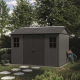 Casuta de gradina, Keter, gri, colectie Newton Plus, 11x7.5, podea, ventilatie, usa dubla, intrare laterala, structura metalica