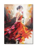 Tablou pictat manual, Tanara cu trandafir, 70x50cm ulei pe panza in cutit efect 3D, Mircea Iordache