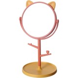 Cumpara ieftin Oglinda cosmetica cu picior, portocaliu roz, rotire 360 , suport bijuterii, model urechi, 15 cm diametru, 31 x 14.5 x 15 cm, plastic