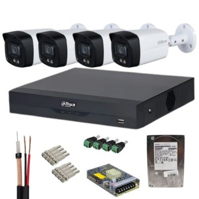 Sistem supraveghere Dahua 4 camere Full-Color 5MP, lentila 3.6mm, lumina alba 40m, microfon, DVR 4K Penta-brid, WizSense, 8 canale IP, HDD 1TB, acceso foto