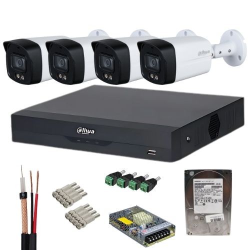 Sistem supraveghere Dahua 4 camere Full-Color 5MP, lentila 3.6mm, lumina alba 40m, microfon, DVR 4K Penta-brid, WizSense, 8 canale IP, HDD 1TB, acceso