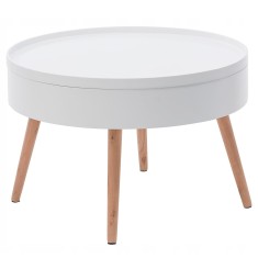 Masuta de cafea rotunda 60x40 cm, cu blat detasabil si spatiu depozitare, picioare din lemn de pin, alba Household NewTrend