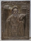 Icoana Sf. Nicolae Romaneasca cu Ferecatura Metalica, 20x26.7 cm, Lemn si Alama, Certificat Autenticitate